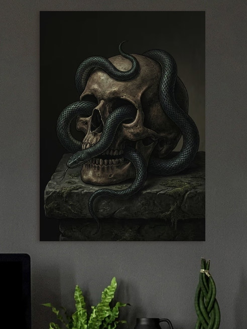 Snake Coiled Around a Skull — metal poster wall art by Lineer